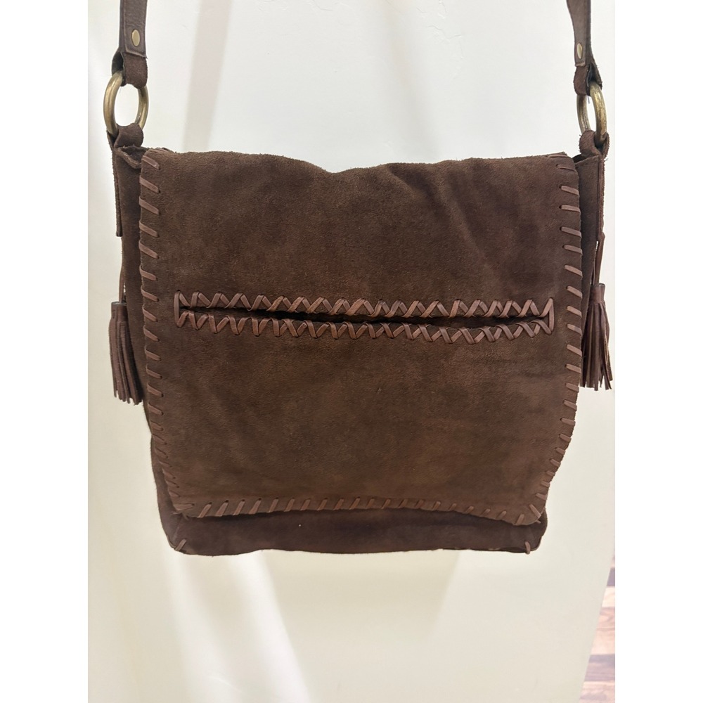 Antonio Melani Brown Suede Whipstitch Crossbody Bag Vintage 90s Tassel Messenger
